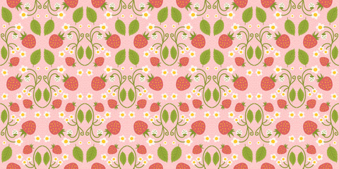 Strawberry-themed seamless pattern design featuring delightful berries, flowers, green leaves. Recurring surface design suitable for clothing, textiles, wrapping paper, and various applications