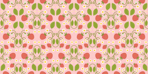 Strawberry-themed seamless pattern design featuring delightful berries, flowers, green leaves. Recurring surface design suitable for clothing, textiles, wrapping paper, and various applications