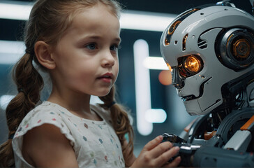 Fototapeta premium Little girl playing with a robot who has artificial intelligence