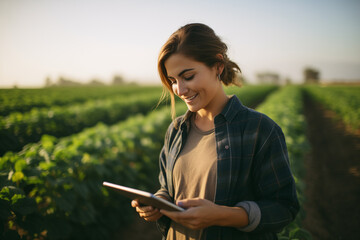 female farmer working with tablet in her field smart farming digital agriculturist concept bokeh style background