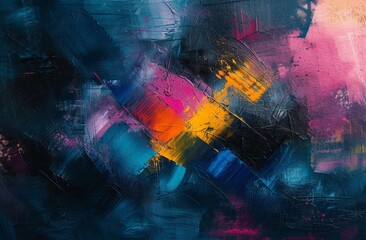 Vibrant Abstract Painting with Blue, Pink, Yellow and Orange Hues on a Dramatic Black Background