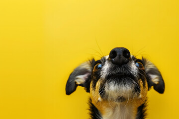 Close-up hide dog Isolated on yellow colored backgound.