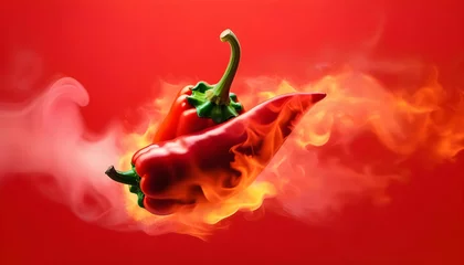 Keuken spatwand met foto A close-up of a red chili pepper with a fiery background © Iqra