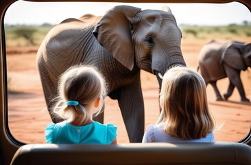 Little girls looking an elephant from safari car - 760494241