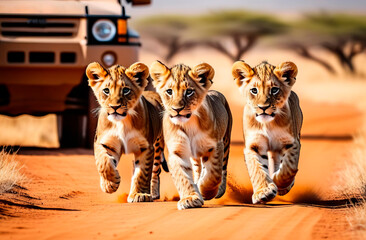 Little lion cubs running along road with safari vehicle in the background - 760494402