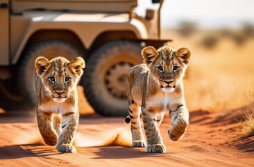 Little lion cubs running along road with safari vehicle in the background - 760494470