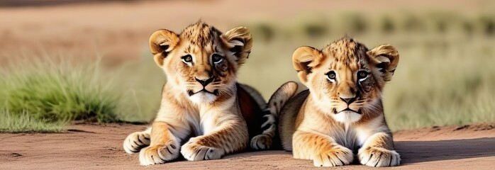 Two little lion cubs lying on the ground - 760494633