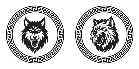 Two circular logo designs with Wolf's head sketch art for branding, stamps, logo, tattoos, and printing. Isolated on a white background