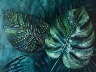 Obraz premium A painting featuring vibrant green leaves against a striking blue backdrop