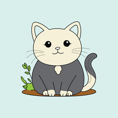Cute Kitty Illustration with some plants, Colorful cat Illustration, Vector art