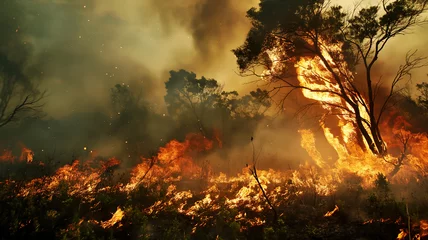 Foto op Plexiglas Intense flames engulf trees in a forest fire, with smoke billowing under a hazy sky, capturing nature's ferocity. © Ritthichai