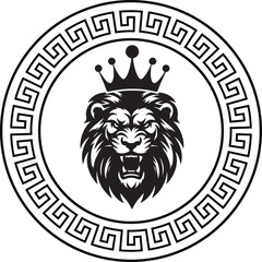 Circular design with lion head sketch art with the royal crown for stamps, logo, tattoos, and printing	