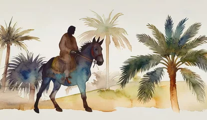Foto op Plexiglas anti-reflex Palm sunday. Christ's triumphal entry into Jerusalem. Silhouette of a man riding a donkey on a background of palm trees. Watercolor illustration. © pit