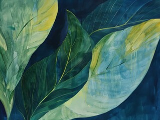 A painting featuring green leaves against a vibrant blue background