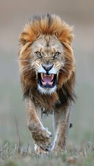 Majestic lion s powerful roar echoing through the expansive african savannah wilderness