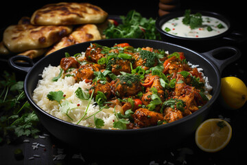 A top-down shot of a spicy chicken curry with a medley of aromatic spices, served over a bed of fluffy basmati rice