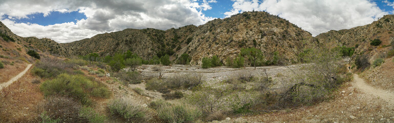 Fototapeta na wymiar A wide shot of a desert landscape with a dirt road running through it