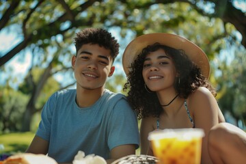 Young Biracial Couple Sitting Together in the park looking at camera.