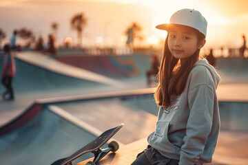 Teenage Asian Girl Sitting on Top of Skateboard Ramp