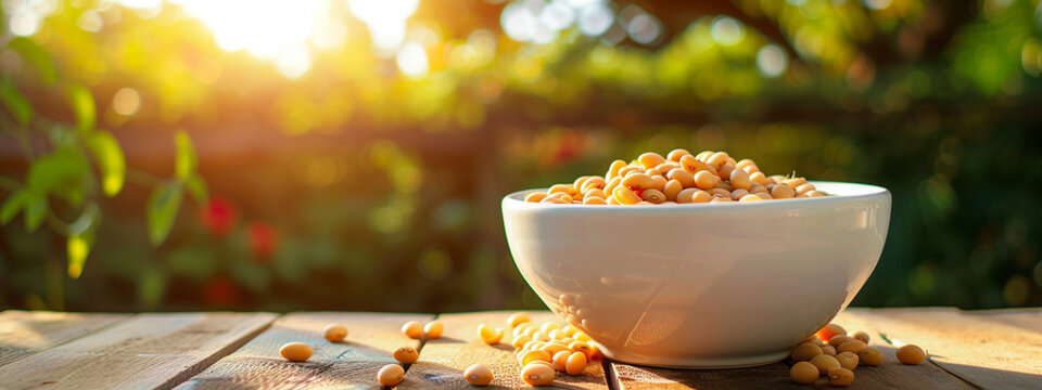 white bowl with beans on a wooden background