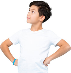 Handsome mixed-race boy thinking and looking up with arms akimbo PNG file no background 
