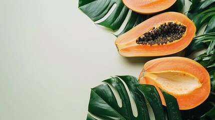 Vibrant tropical papaya fruit with leaves isolated on white background for striking visuals