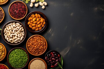 top view of vary kind of nuts and beans with copy space for text. food background for stock photography - generative ai