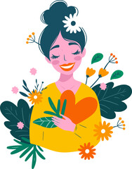 Happy Smiling Woman with Blooming Flowers with Heart. Vector Flat Style Illustration.