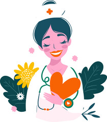 Happy Nurse Woman. Vector flat medical doctor cartoon illustration with flowers.