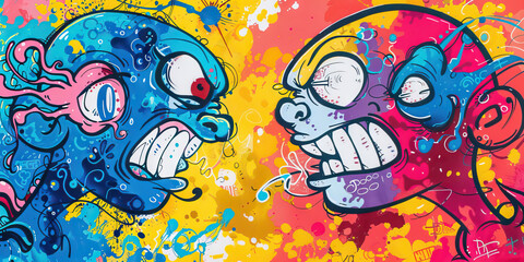 Fototapeta premium Cyber Dispute: Social Media Clash. Online disagreement with digital characters. Social media conflict concept. Virtual argument