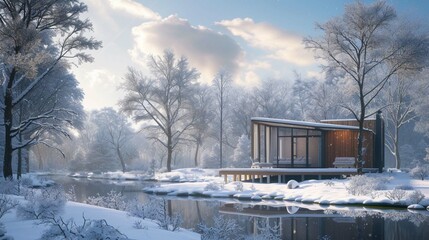 House in the snow, A beautiful winter morning with frost trees and a small modern woodhouse