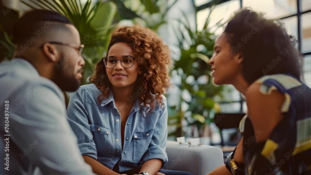 Poster a group of individuals engaged in conversation while seated at a table