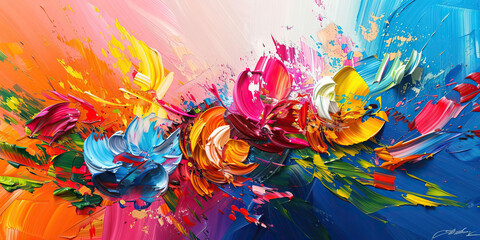 Colorful Chaos: Abstract Oil Paint Strokes and Flowers. Vibrant abstract background with a burst of multicolored oil paint strokes and floral accents. - obrazy, fototapety, plakaty