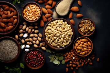 top view of vary kind of nuts and beans with copy space for text. food background for stock photography - generative ai