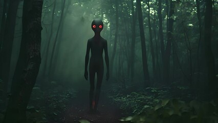 Mysterious figure with red eyes lurks in a dark forest, creating an eerie and unsettling atmosphere