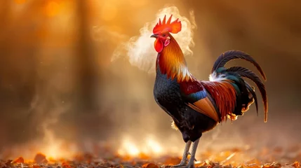 Foto op Plexiglas Regal rooster crows majestically at dawn in the serene and picturesque farm landscape © Andrei