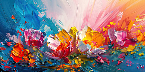 Colorful Chaos: Abstract Oil Paint Strokes and Flowers. Vibrant abstract background with a burst of multicolored oil paint strokes and floral accents.