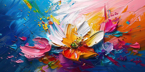 Floral Fantasy: Abstract Oil Paint and Flower Composition. Whimsical abstract background featuring swirling oil paint textures and delicate flowers