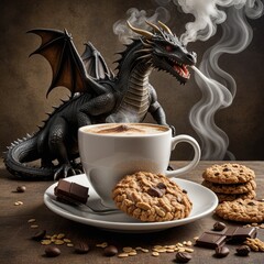 cup of coffee with chocolate, dragon near it