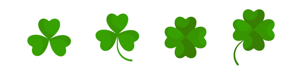 Flat shamrock icons set. Clover three and four leaves logo. Green floral symbol.