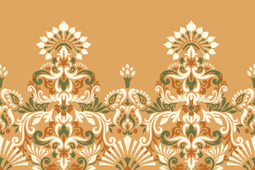 Damask Ikat floral pattern on orange background vector illustration.hand drawn fabric,ink on cloth concept .