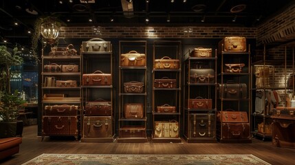 High-end luggage store in a mall setting with leather accents and a vintage-inspired color scheme