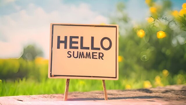 A hello summer sign is displayed on a wooden table in this video, showcasing a simple and rustic seasonal decoration