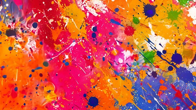 Watch as a colorful painting comes to life with an abundance of paint splattered across the canvas, creating a dynamic and energetic visual display