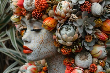 Woman With Flowers Surrounded by Succulents