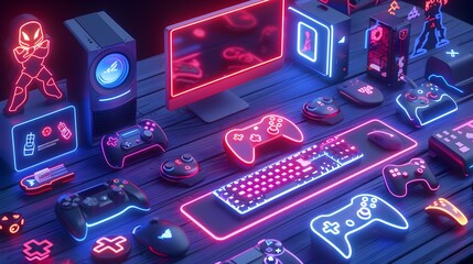 Gaming Setup with Neon Lights and Game Collection