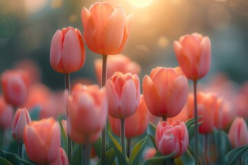 Field of Pink Tulips With Sun in Background