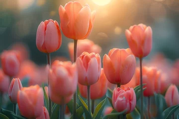 Fotobehang Field of Pink Tulips With Sun in Background © D