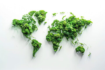 Green World Map, forest shape of world map on white background.