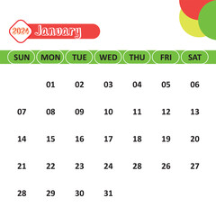 January Month Calendar for 2024, Thuesday Start - White Background,